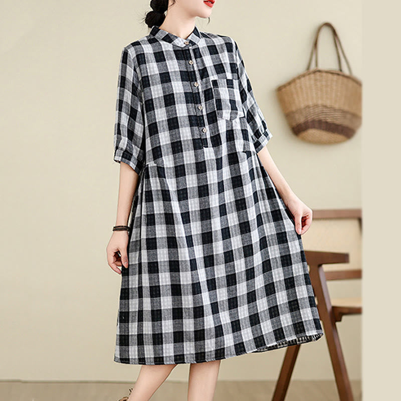 Breathable Plaid Cotton Linen Relaxed Mindful Midi Dress