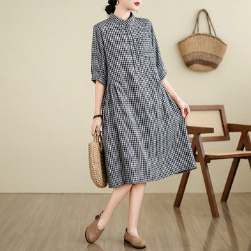 Breathable Plaid Cotton Linen Relaxed Mindful Midi Dress