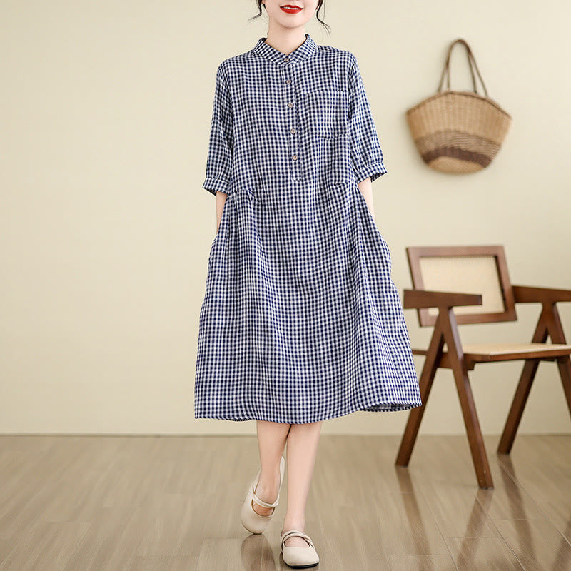 Breathable Plaid Cotton Linen Relaxed Mindful Midi Dress