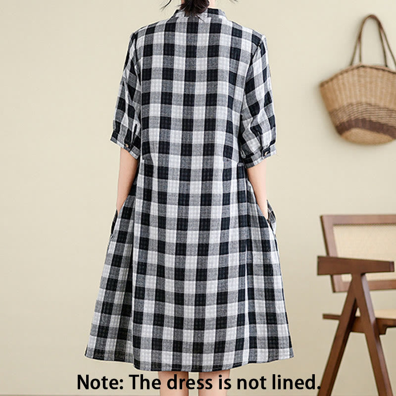 Breathable Plaid Cotton Linen Relaxed Mindful Midi Dress