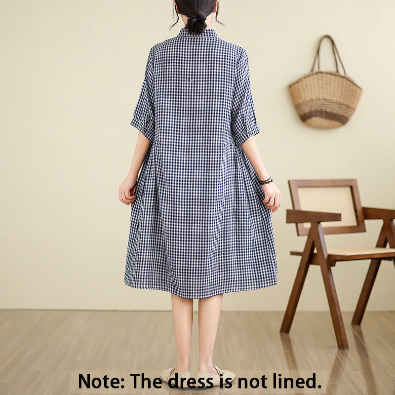 Breathable Plaid Cotton Linen Relaxed Mindful Midi Dress