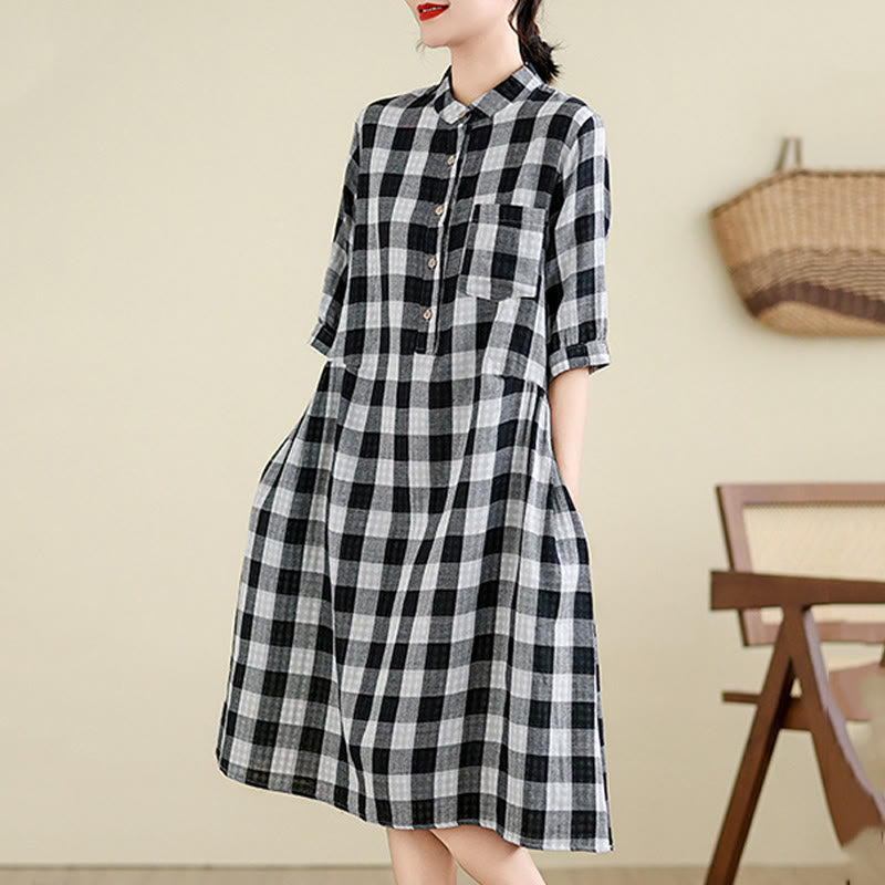 Breathable Plaid Cotton Linen Relaxed Mindful Midi Dress