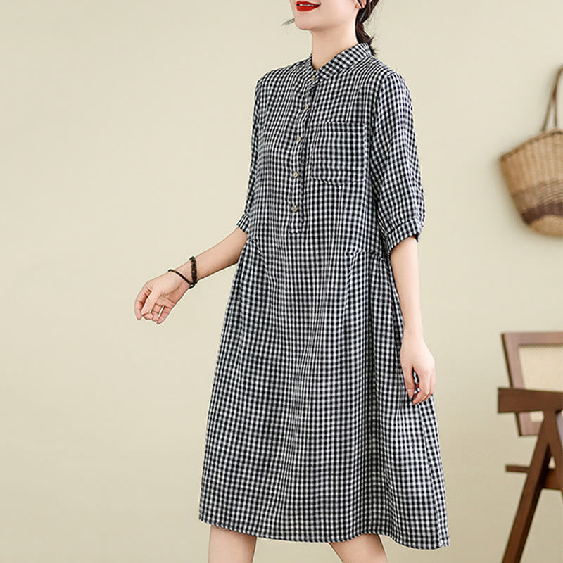 Breathable Plaid Cotton Linen Relaxed Mindful Midi Dress