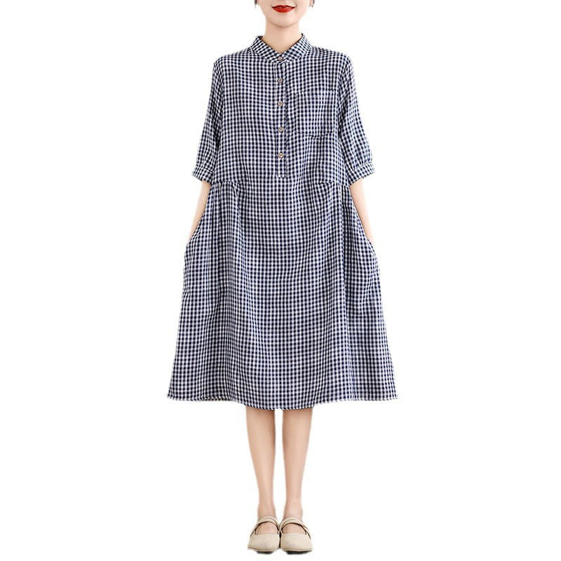 Breathable Plaid Cotton Linen Relaxed Mindful Midi Dress