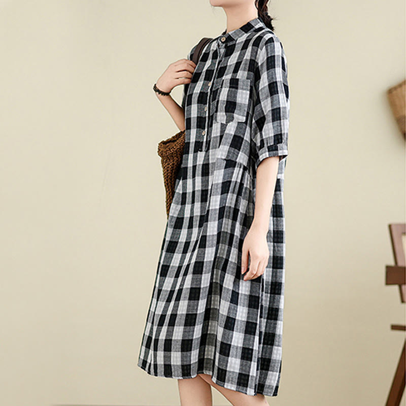 Breathable Plaid Cotton Linen Relaxed Mindful Midi Dress