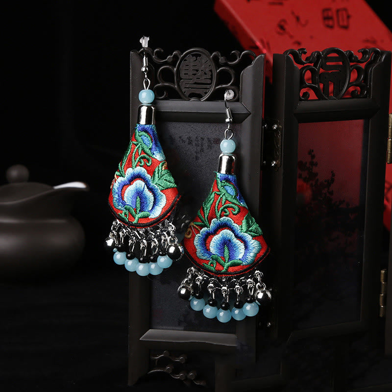 Handmade Yi Embroidery Flower Artisanal Dangle Earrings