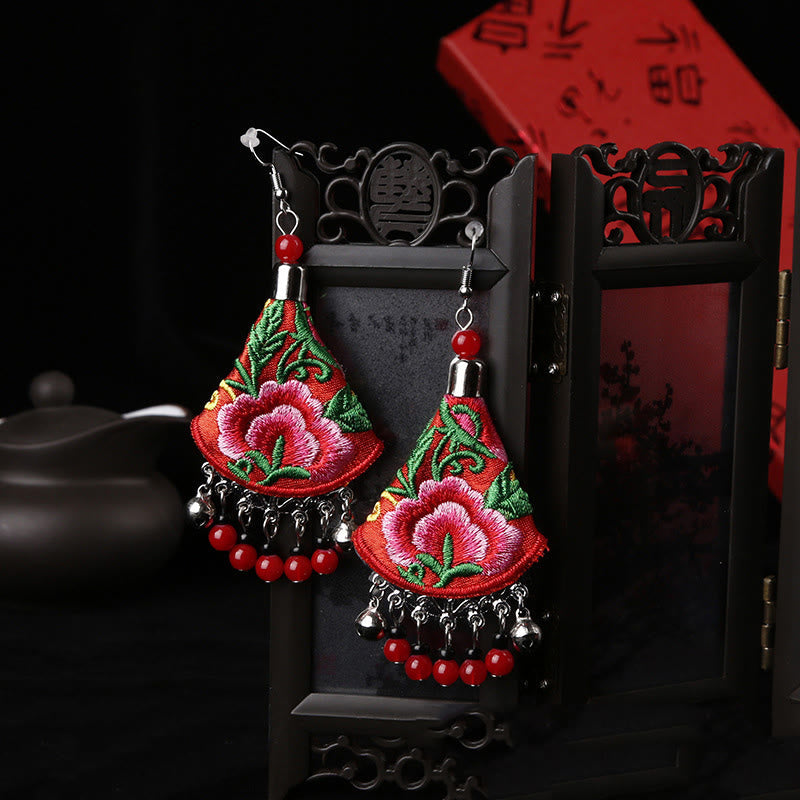 Handmade Yi Embroidery Flower Artisanal Dangle Earrings