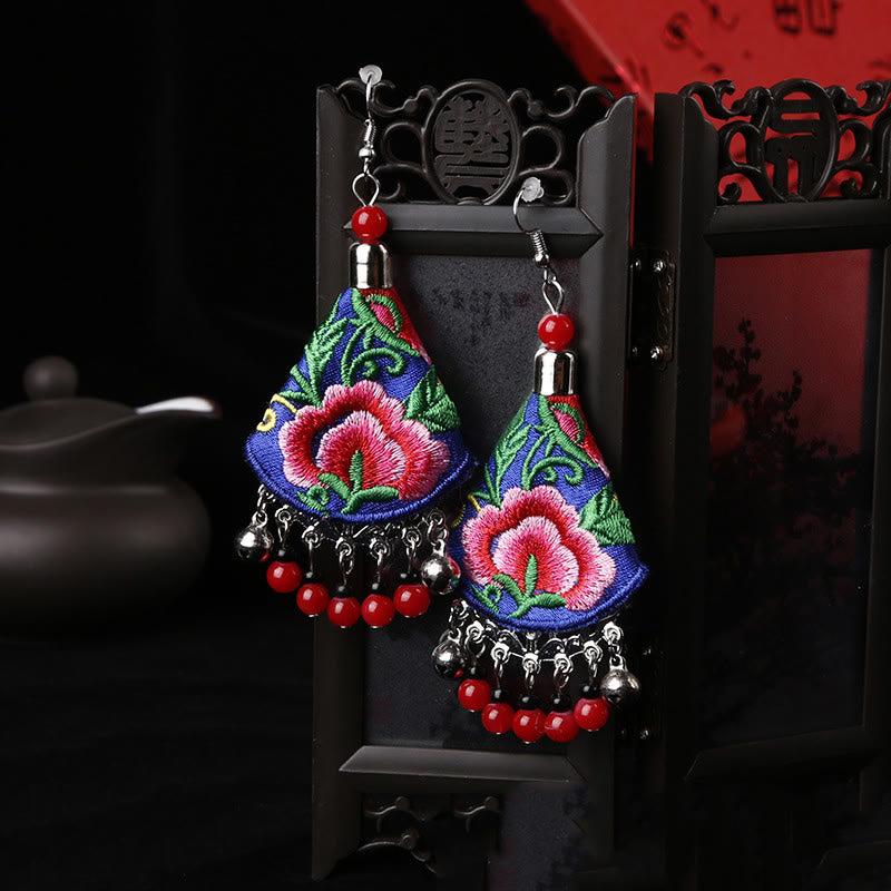 Handmade Yi Embroidery Flower Artisanal Dangle Earrings