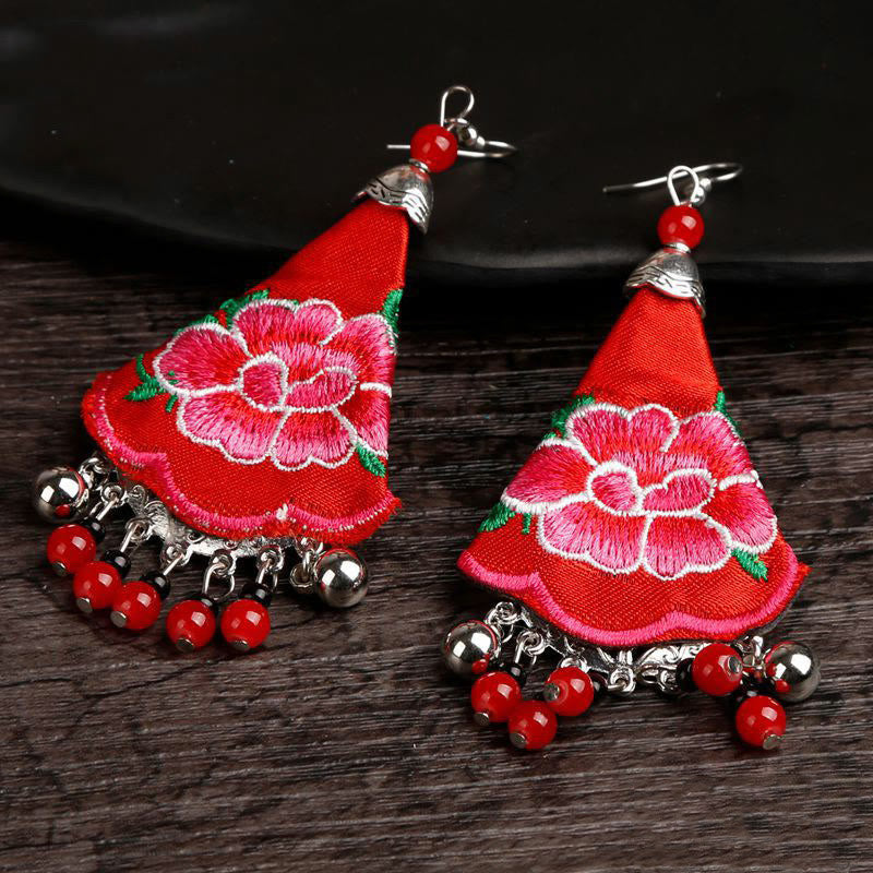 Handmade Yi Embroidery Flower Artisanal Dangle Earrings