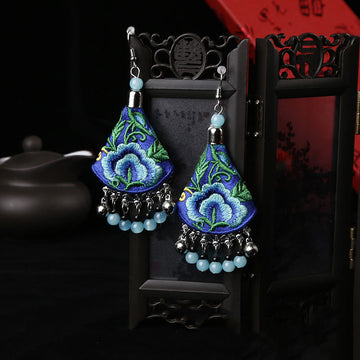 Handmade Yi Embroidery Flower Artisanal Dangle Earrings
