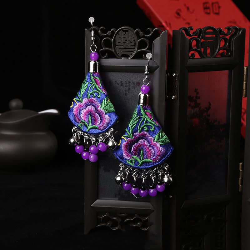 Handmade Yi Embroidery Flower Artisanal Dangle Earrings