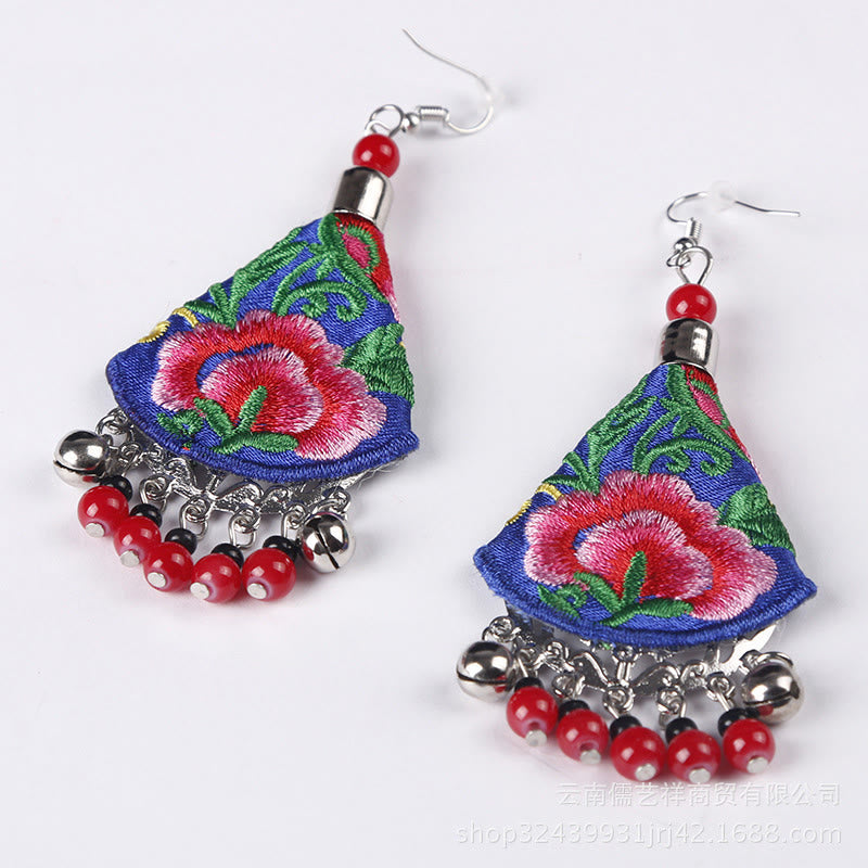 Handmade Yi Embroidery Flower Artisanal Dangle Earrings