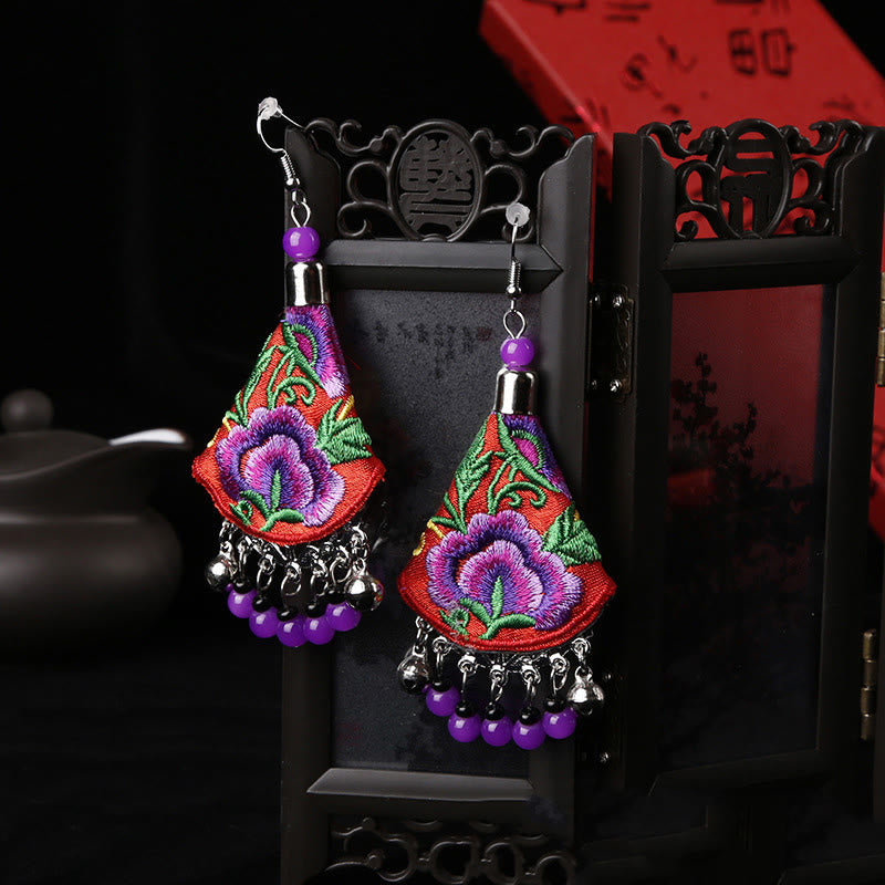 Handmade Yi Embroidery Flower Artisanal Dangle Earrings