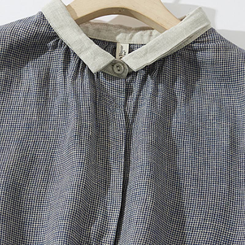 Breathable Cotton Linen Plaid Lantern Sleeve Mindful Midi Dress