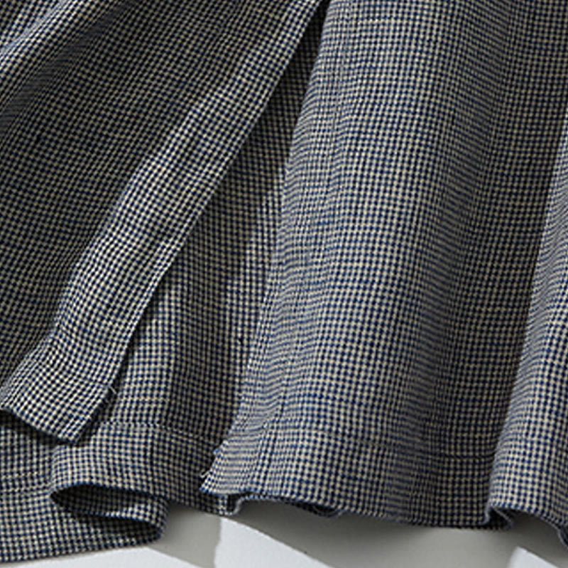 Breathable Cotton Linen Plaid Lantern Sleeve Mindful Midi Dress