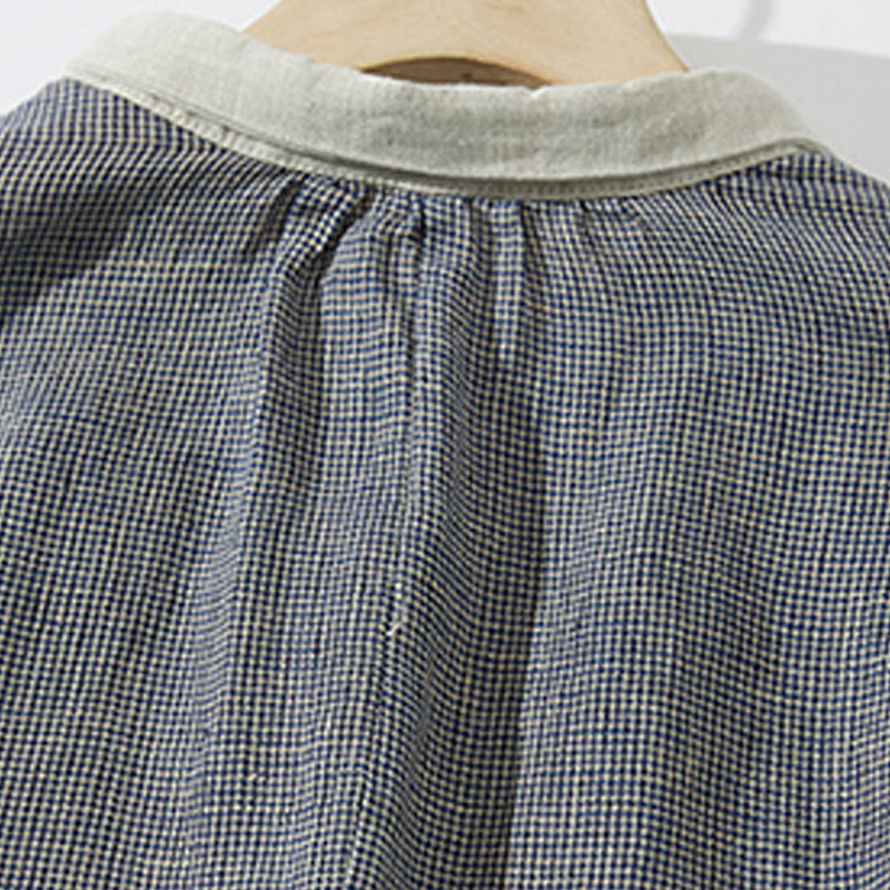 Breathable Cotton Linen Plaid Lantern Sleeve Mindful Midi Dress