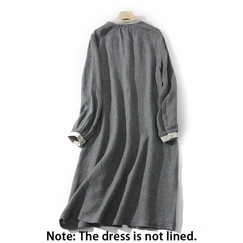 Breathable Cotton Linen Plaid Lantern Sleeve Mindful Midi Dress