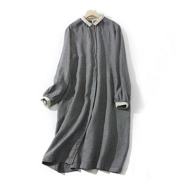 Breathable Cotton Linen Plaid Lantern Sleeve Mindful Midi Dress
