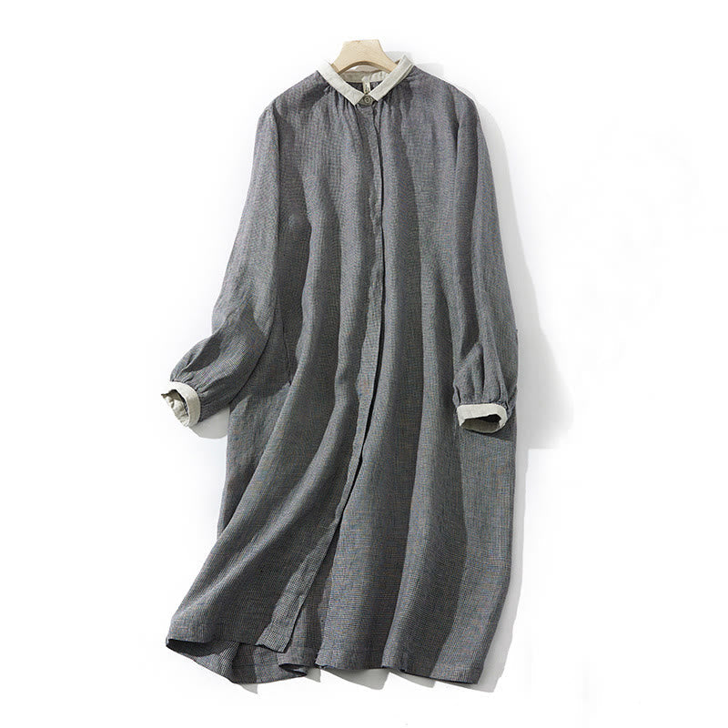 Breathable Cotton Linen Plaid Lantern Sleeve Mindful Midi Dress