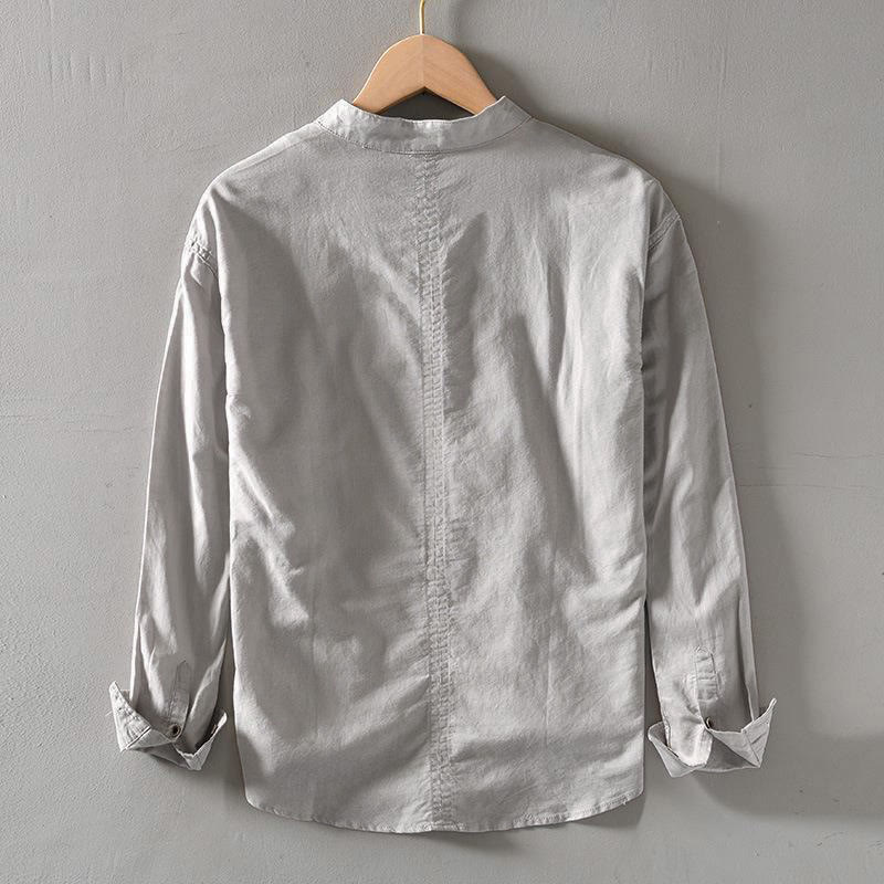 Solid Color Long Sleeve Half Button Shirt Cotton Linen Men Clothing