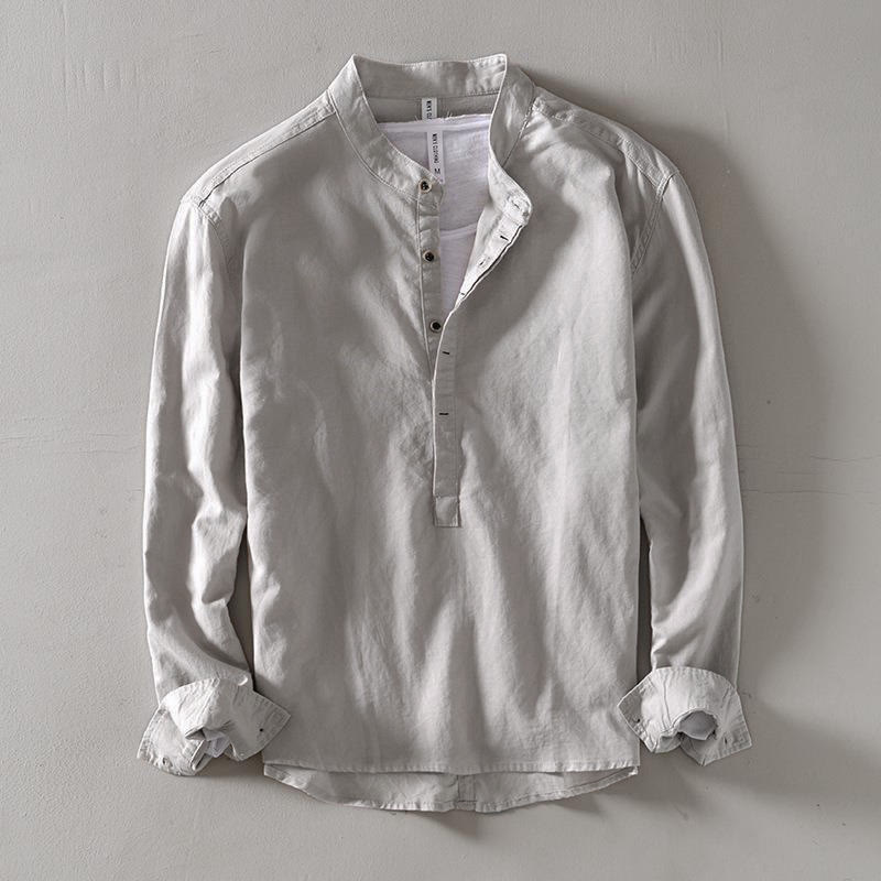 Solid Color Long Sleeve Half Button Shirt Cotton Linen Men Clothing