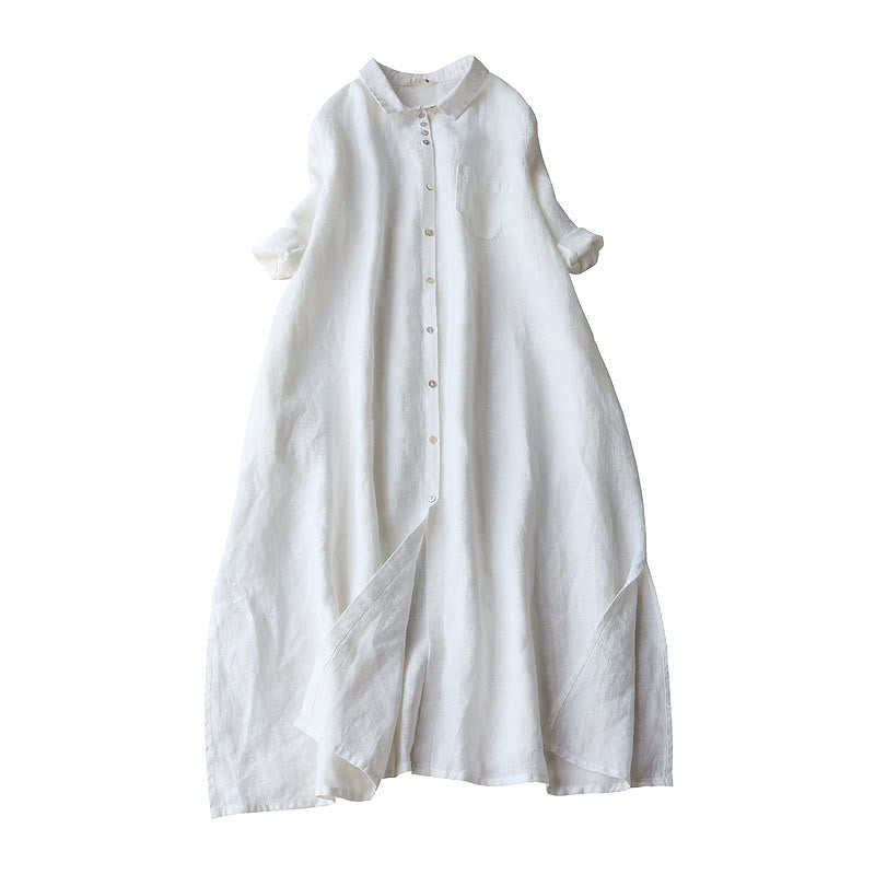 Buttons Design Lapel Three Quarter Sleeve Cotton Linen Midi Dress With Pockets