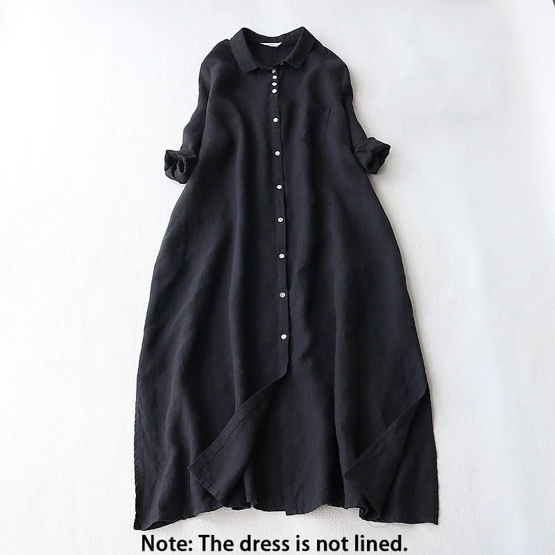 Buttons Design Lapel Three Quarter Sleeve Cotton Linen Midi Dress With Pockets