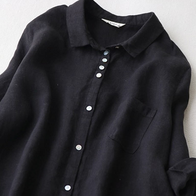Buttons Design Lapel Three Quarter Sleeve Cotton Linen Midi Dress With Pockets