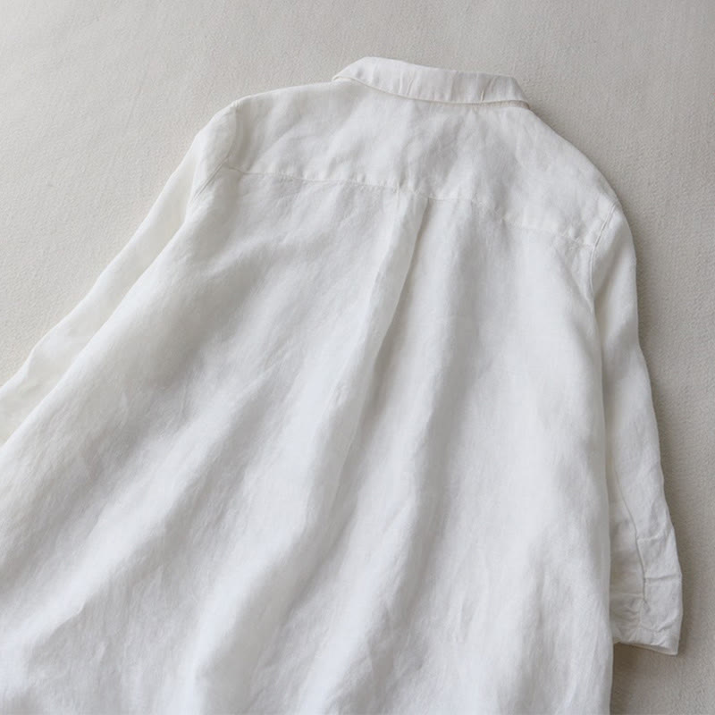 Buttons Design Lapel Three Quarter Sleeve Cotton Linen Midi Dress With Pockets