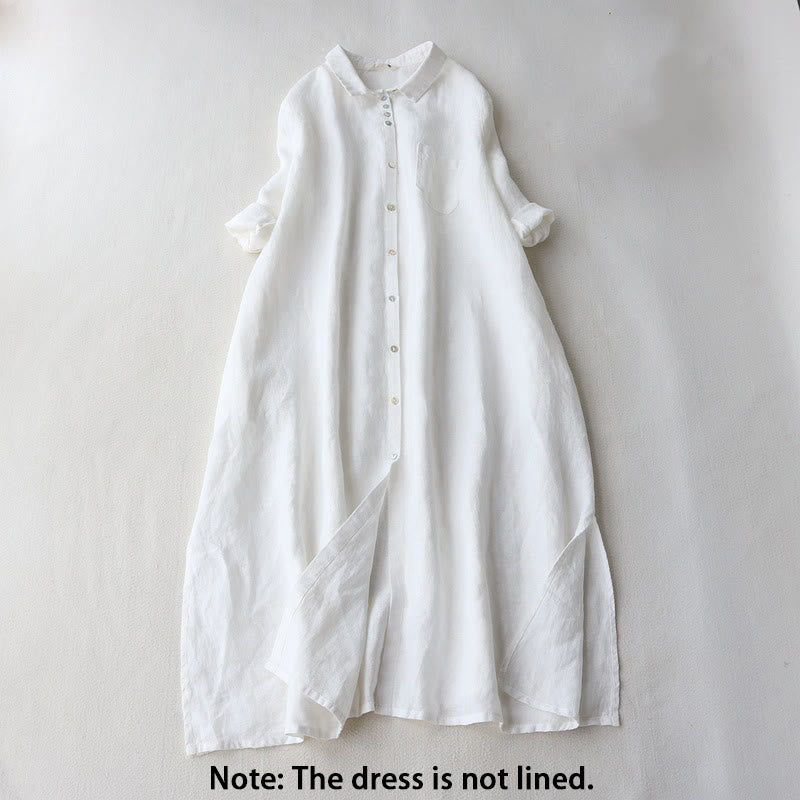 Buttons Design Lapel Three Quarter Sleeve Cotton Linen Midi Dress With Pockets