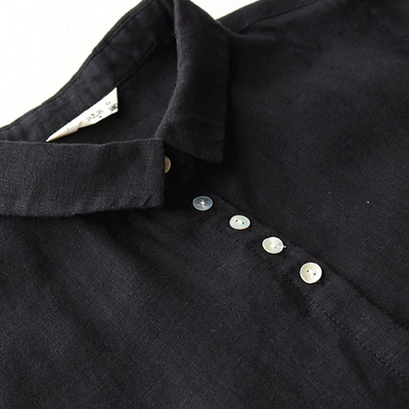 Buttons Design Lapel Three Quarter Sleeve Cotton Linen Midi Dress With Pockets