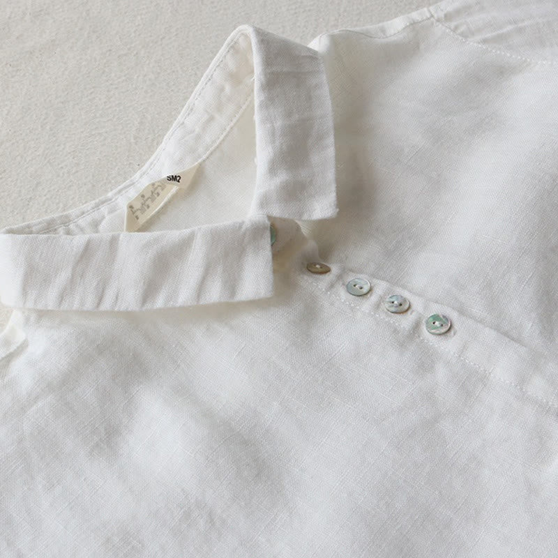 Buttons Design Lapel Three Quarter Sleeve Cotton Linen Midi Dress With Pockets
