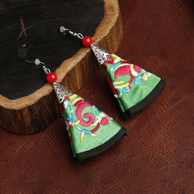 Handmade Fan-Shaped Yi Art Embroidery Cultural Drop Earrings