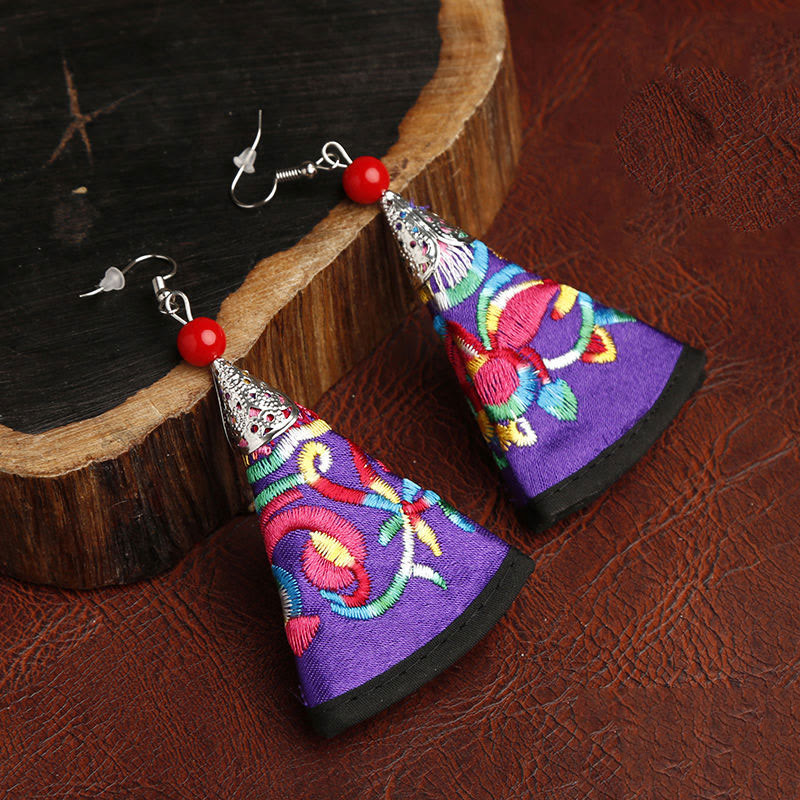 Handmade Fan-Shaped Yi Art Embroidery Cultural Drop Earrings