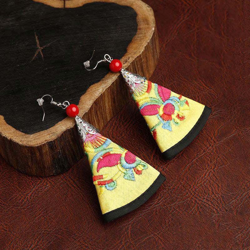 Handmade Fan-Shaped Yi Art Embroidery Cultural Drop Earrings