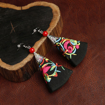 Handmade Fan-Shaped Yi Art Embroidery Cultural Drop Earrings