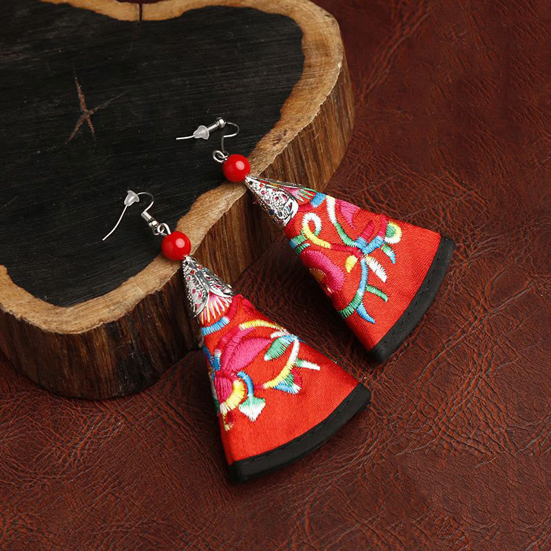 Handmade Fan-Shaped Yi Art Embroidery Cultural Drop Earrings