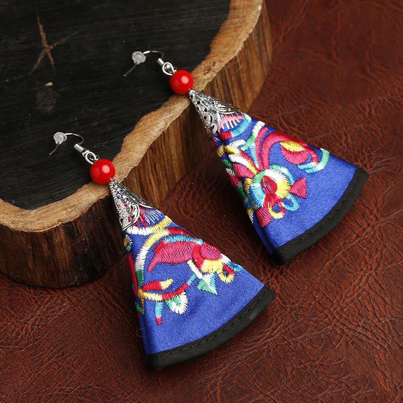 Handmade Fan-Shaped Yi Art Embroidery Cultural Drop Earrings