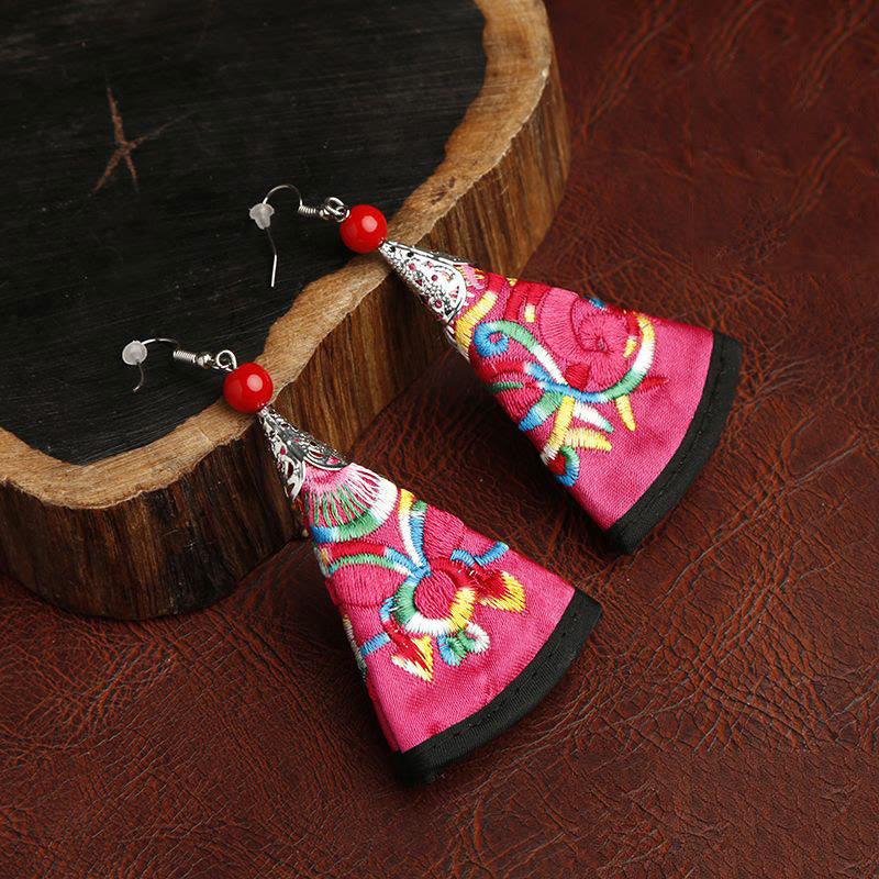 Handmade Fan-Shaped Yi Art Embroidery Cultural Drop Earrings