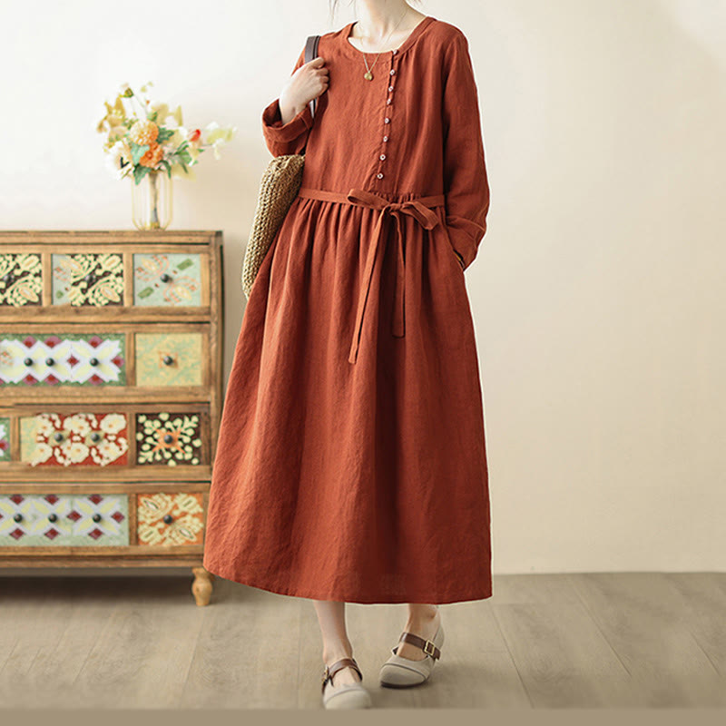 Breathable Cotton Lace-Up Daily Grounding Midi Dress