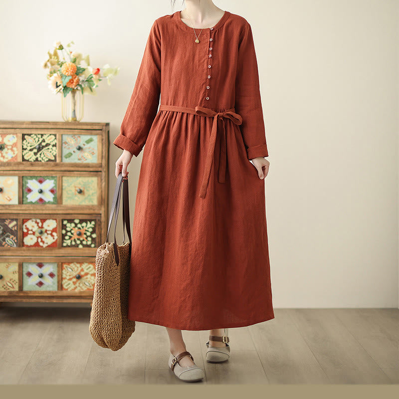 Breathable Cotton Lace-Up Daily Grounding Midi Dress