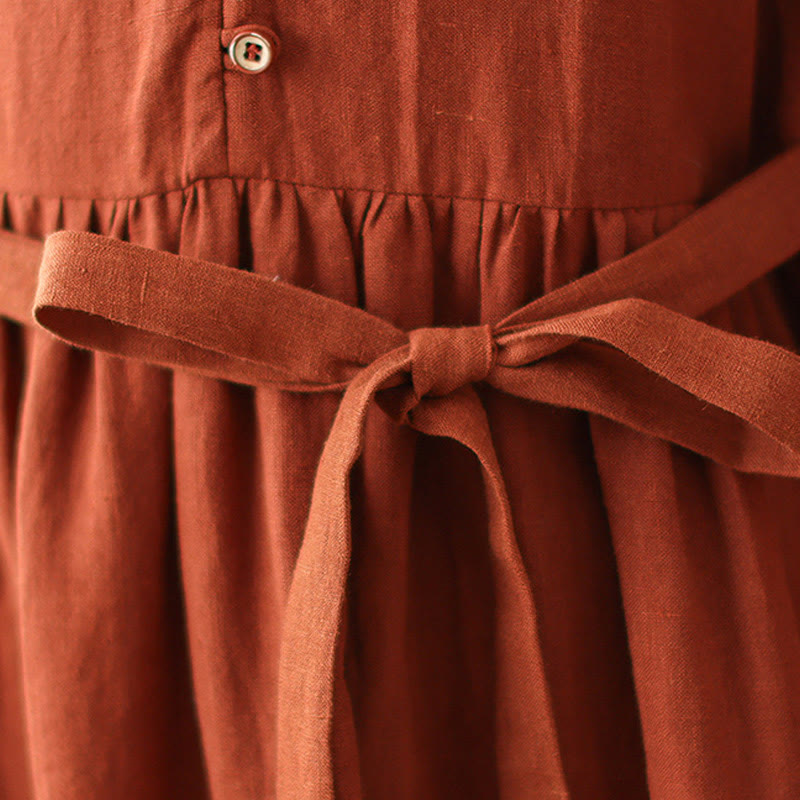 Breathable Cotton Lace-Up Daily Grounding Midi Dress
