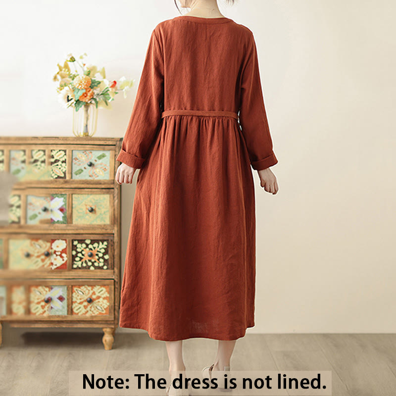 Breathable Cotton Lace-Up Daily Grounding Midi Dress