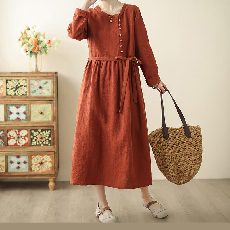 Breathable Cotton Lace-Up Daily Grounding Midi Dress