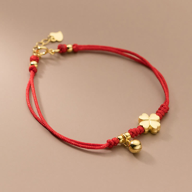 925 Sterling Silver Plated Gold Four Leaf Clover Red String Connection Bracelet