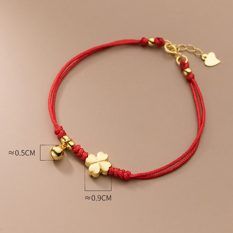 925 Sterling Silver Plated Gold Four Leaf Clover Red String Connection Bracelet