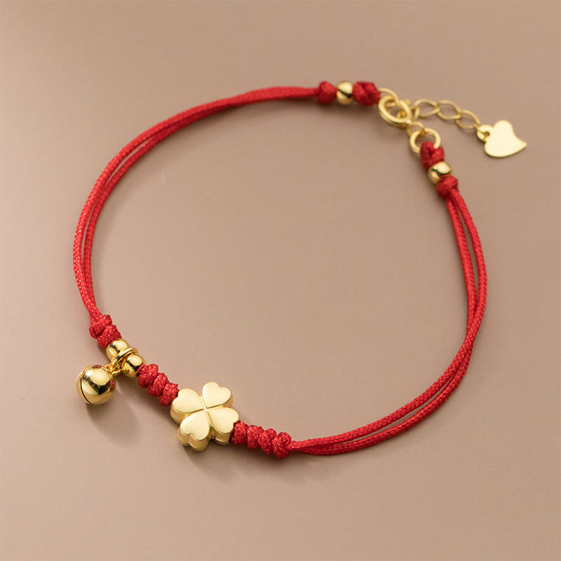 925 Sterling Silver Plated Gold Four Leaf Clover Red String Connection Bracelet