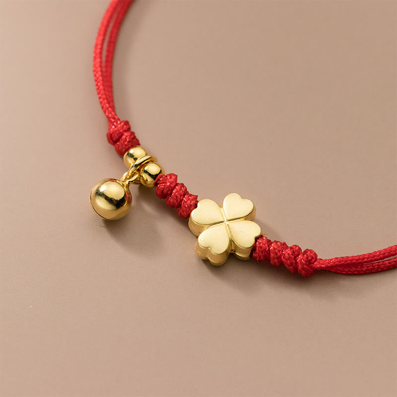 925 Sterling Silver Plated Gold Four Leaf Clover Red String Connection Bracelet