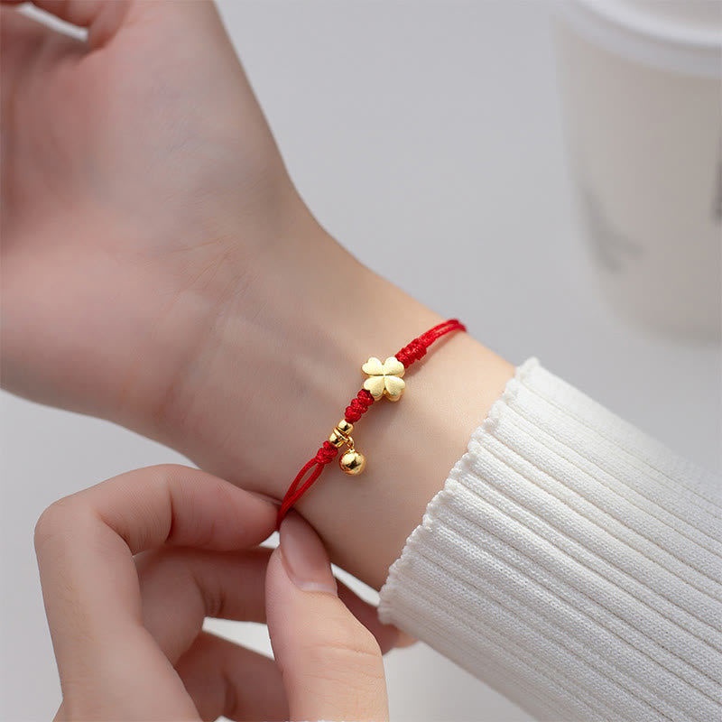 925 Sterling Silver Plated Gold Four Leaf Clover Red String Connection Bracelet