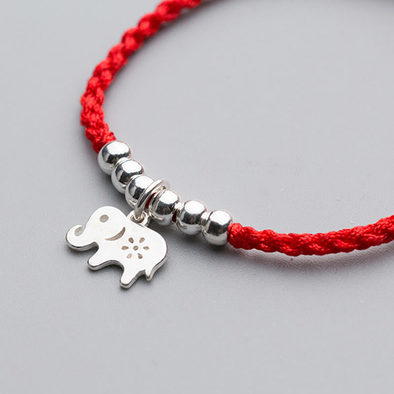 Handcrafted 925 Sterling Silver Elephant & Snowflake Bead Red String Bracelet